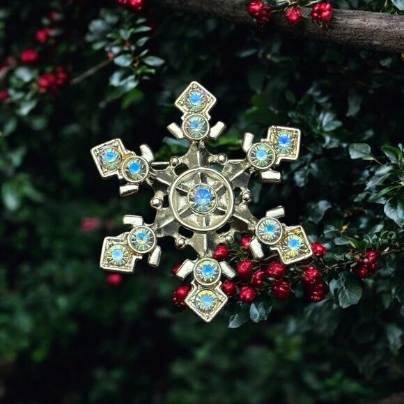 Christopher Radko Snowflake Pin Brooch Blue Rhinestones Silver-Tone Christmas - Picture 6 of 8